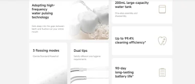 Xiaomi Water Flosser 2 showing three cleaning modes